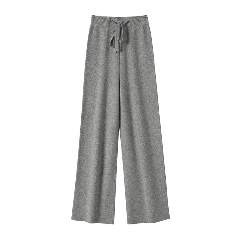 CHICUU Women Cashmere Pants Autumn Winter Wide Leg Pants Full Length 100% Merino Wool Knitwear Basic Simple Trousers Korean