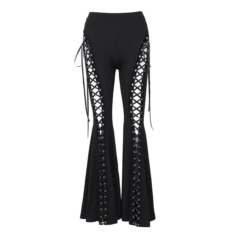 Goth Dark Grunge Streetwear Black Bandage Trousers Cyber Gothic Punk Hollow Out Flare Pants Women Emo High Waist Sexy Alt Bottom