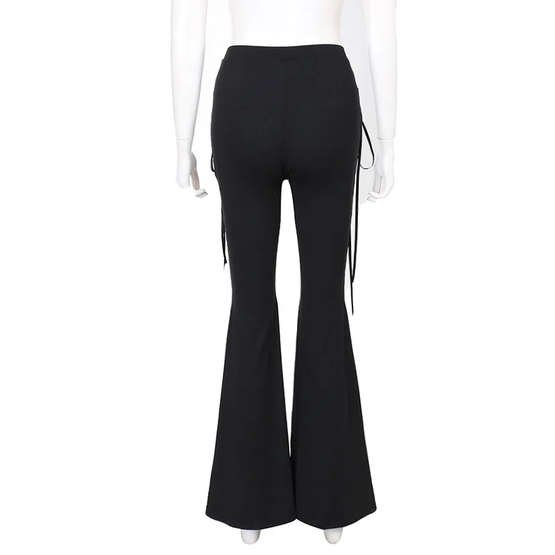 Goth Dark Grunge Streetwear Black Bandage Trousers Cyber Gothic Punk Hollow Out Flare Pants Women Emo High Waist Sexy Alt Bottom