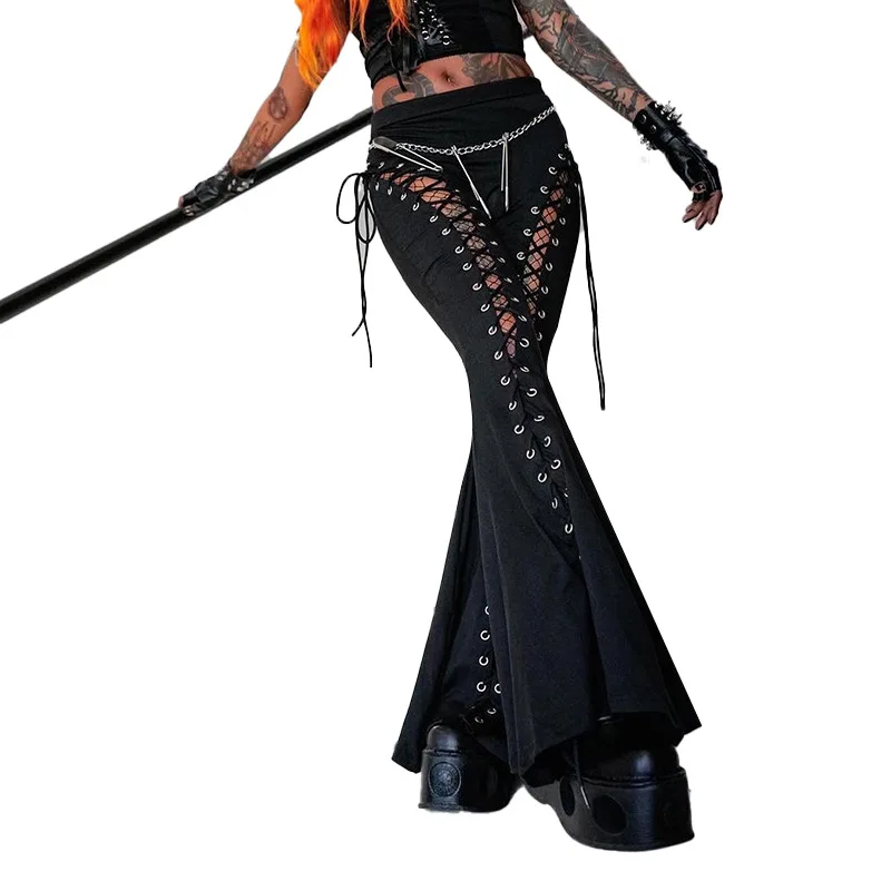 Goth Dark Grunge Streetwear Black Bandage Trousers Cyber Gothic Punk Hollow Out Flare Pants Women Emo High Waist Sexy Alt Bottom