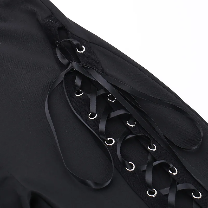 Goth Dark Grunge Streetwear Black Bandage Trousers Cyber Gothic Punk Hollow Out Flare Pants Women Emo High Waist Sexy Alt Bottom
