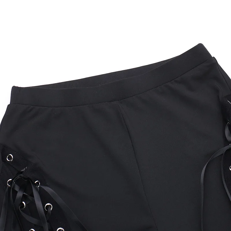 Goth Dark Grunge Streetwear Black Bandage Trousers Cyber Gothic Punk Hollow Out Flare Pants Women Emo High Waist Sexy Alt Bottom