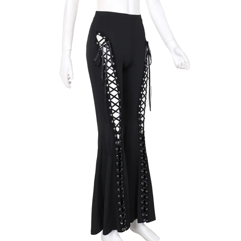 Goth Dark Grunge Streetwear Black Bandage Trousers Cyber Gothic Punk Hollow Out Flare Pants Women Emo High Waist Sexy Alt Bottom