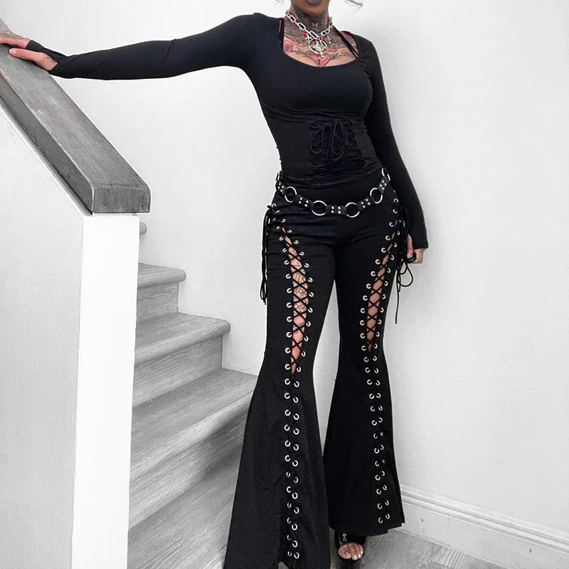 Goth Dark Grunge Streetwear Black Bandage Trousers Cyber Gothic Punk Hollow Out Flare Pants Women Emo High Waist Sexy Alt Bottom