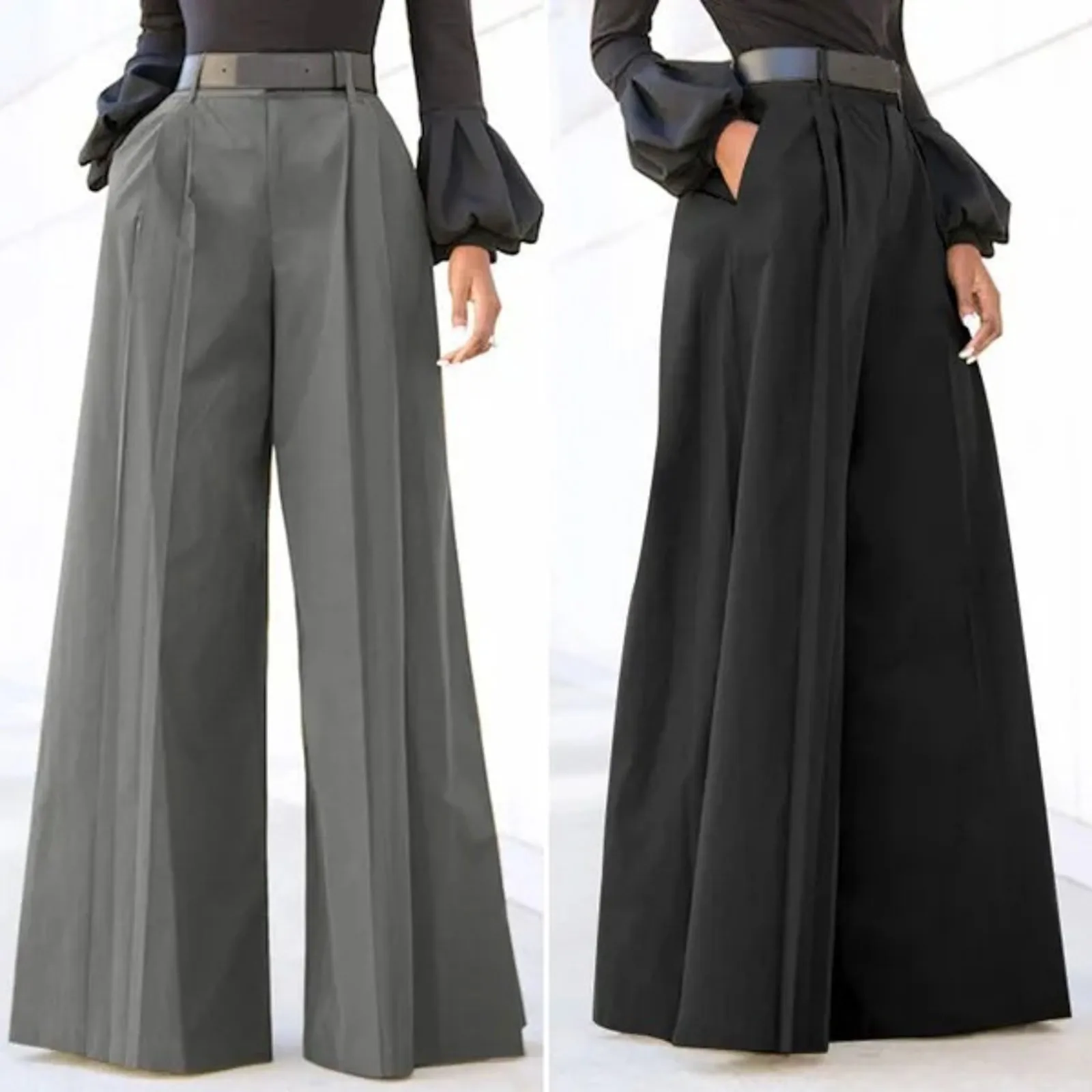 Spring Autumn Women Palazzo Pants High Waist Pleated A-Line Wide Leg Pants Large Size OL Vintage Culottes Bloomers Trousers 5XL