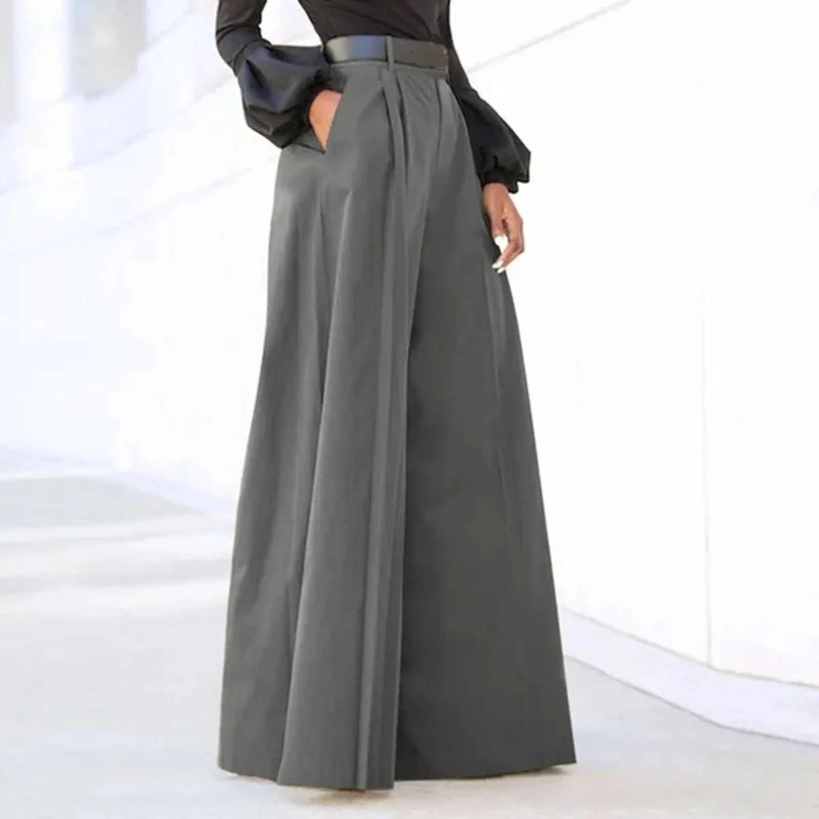 Spring Autumn Women Palazzo Pants High Waist Pleated A-Line Wide Leg Pants Large Size OL Vintage Culottes Bloomers Trousers 5XL