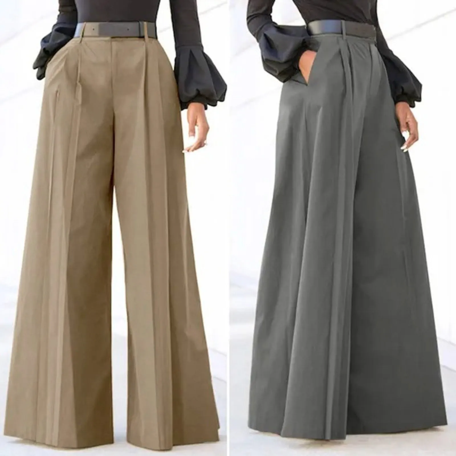 Spring Autumn Women Palazzo Pants High Waist Pleated A-Line Wide Leg Pants Large Size OL Vintage Culottes Bloomers Trousers 5XL