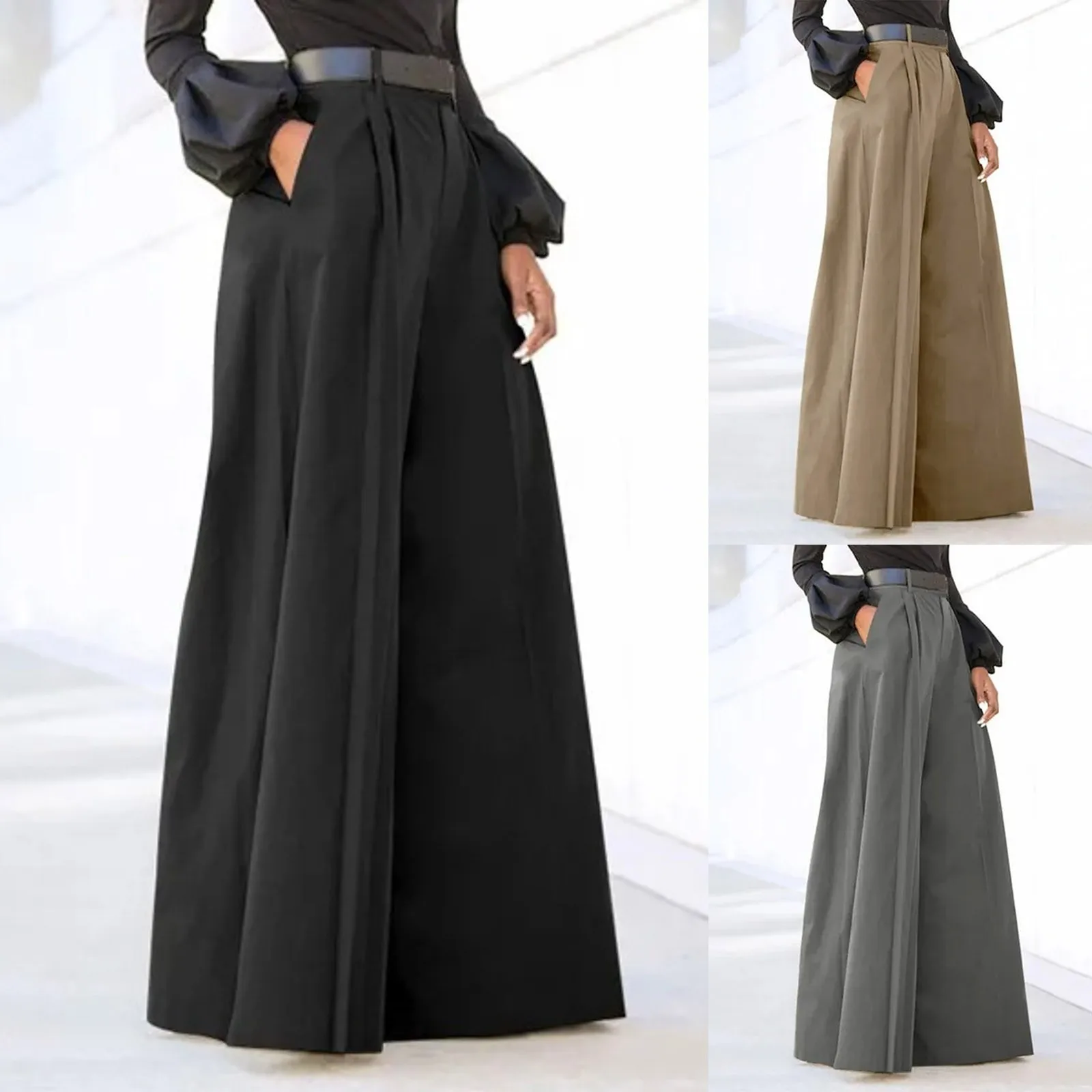 Spring Autumn Women Palazzo Pants High Waist Pleated A-Line Wide Leg Pants Large Size OL Vintage Culottes Bloomers Trousers 5XL