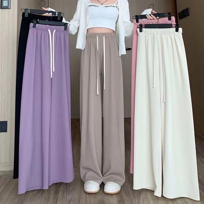 Autumn New Elastic Waist Drawstring Casual Straight Sporty Casual Wide Leg Pants Solid All-Match Basic Trousers Women Clothes