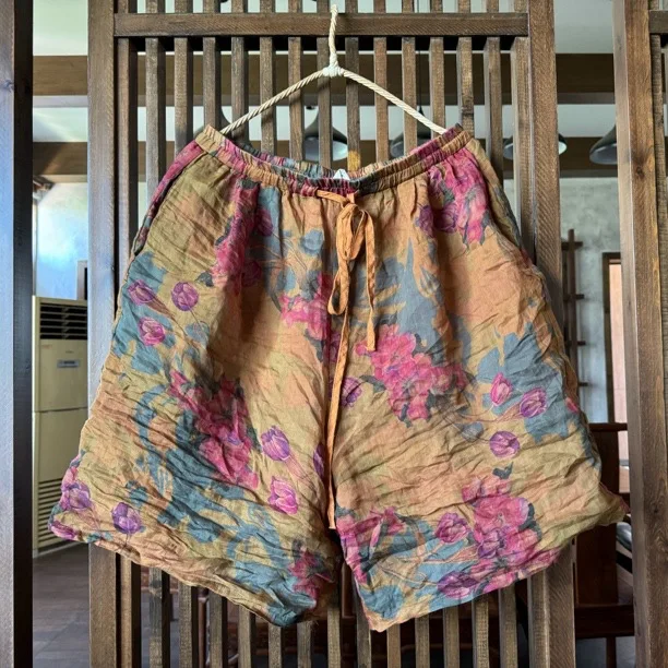 Johnature Women Vintage Ramie Wide Leg Shorts Pants Elastic Waist Print Floral Elastic Waist Shorts 2025 Summer New Belt Shorts