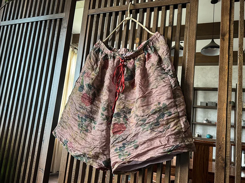 Johnature Women Vintage Ramie Wide Leg Shorts Pants Elastic Waist Print Floral Elastic Waist Shorts 2025 Summer New Belt Shorts