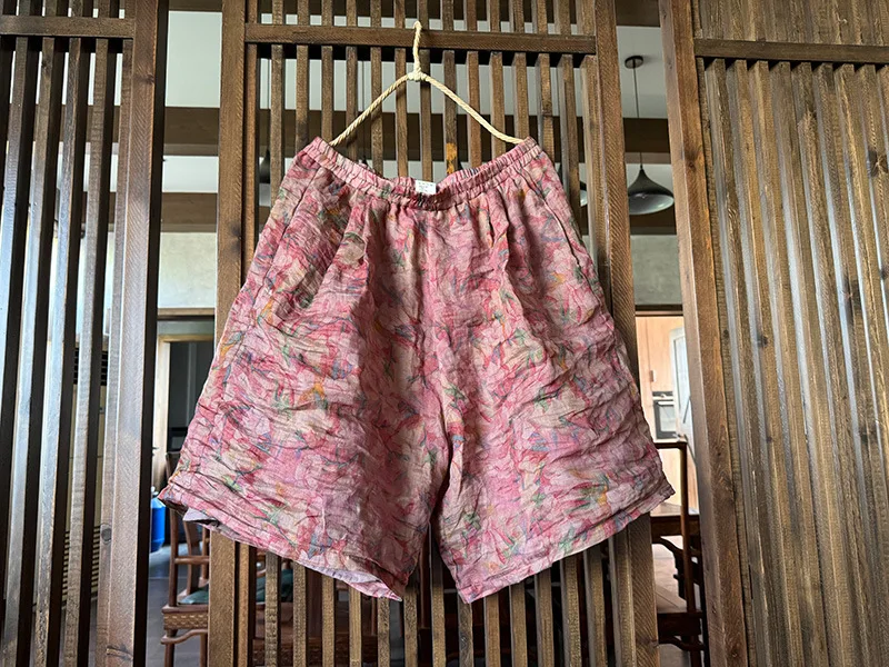 Johnature Women Vintage Ramie Wide Leg Shorts Pants Elastic Waist Print Floral Elastic Waist Shorts 2025 Summer New Belt Shorts