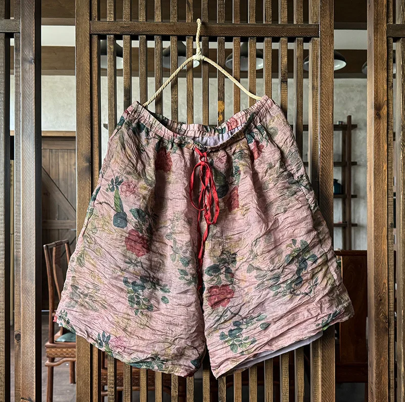 Johnature Women Vintage Ramie Wide Leg Shorts Pants Elastic Waist Print Floral Elastic Waist Shorts 2025 Summer New Belt Shorts