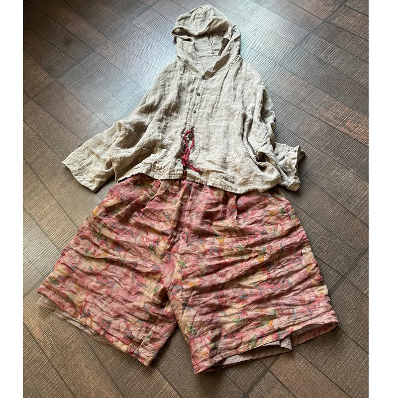 Johnature Women Vintage Ramie Wide Leg Shorts Pants Elastic Waist Print Floral Elastic Waist Shorts 2025 Summer New Belt Shorts
