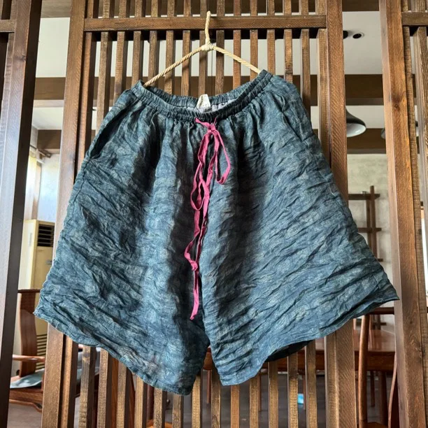 Johnature Women Vintage Ramie Wide Leg Shorts Pants Elastic Waist Print Floral Elastic Waist Shorts 2025 Summer New Belt Shorts