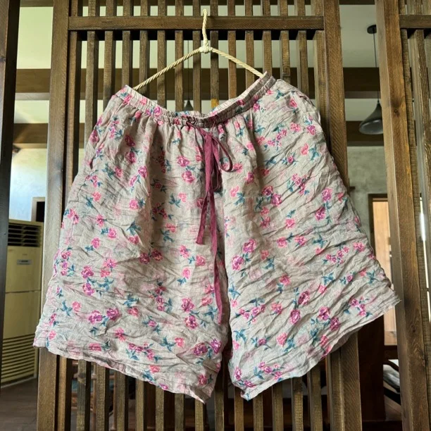 Johnature Women Vintage Ramie Wide Leg Shorts Pants Elastic Waist Print Floral Elastic Waist Shorts 2025 Summer New Belt Shorts