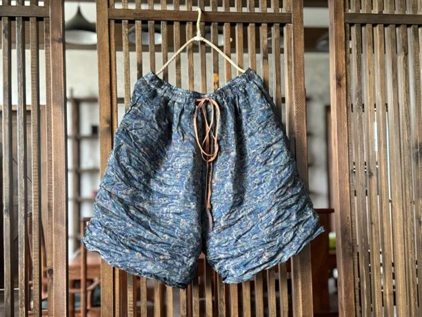 Johnature Women Vintage Ramie Wide Leg Shorts Pants Elastic Waist Print Floral Elastic Waist Shorts 2025 Summer New Belt Shorts