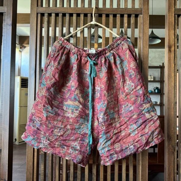 Johnature Women Vintage Ramie Wide Leg Shorts Pants Elastic Waist Print Floral Elastic Waist Shorts 2025 Summer New Belt Shorts