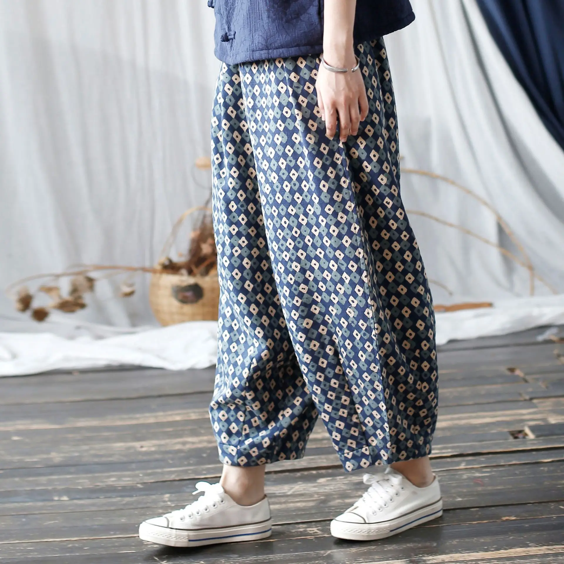 Johnature Niche Loose Retro Chinese Style Vintage Bloomers 2025 Woman Winter New Fashion Personality Vintage Print Casual Pants