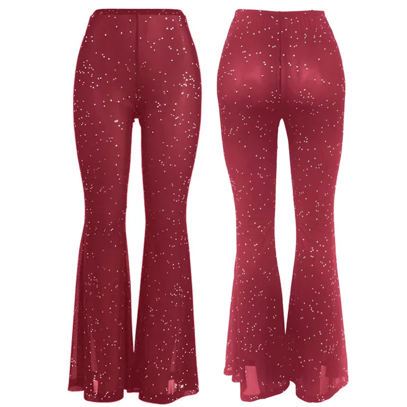 2024 Summer Wine Red Transparent Wide Leg Pants Y2K Trousers Sexy High Waist Women New Fashion Flash Diamond Trousers Streetwear