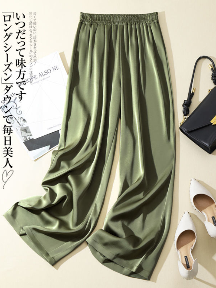 Ice Silk Wide-leg Pants Woman Summer 2026 Elastic Waist Satin Straight Trousers Solid Casual LOOSE Acetate Women's Pants