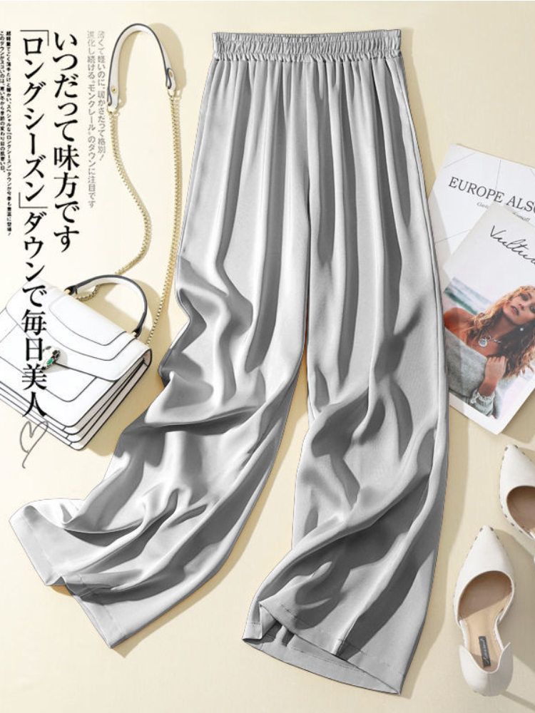 Ice Silk Wide-leg Pants Woman Summer 2026 Elastic Waist Satin Straight Trousers Solid Casual LOOSE Acetate Women's Pants