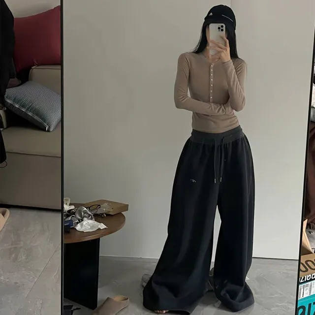 Y2K Vintage Baggy Sweatpants Women Autumn New Korean Loose Wide Leg Pants Streetwear Casual Zipper Fly Female Trousers 2025 New