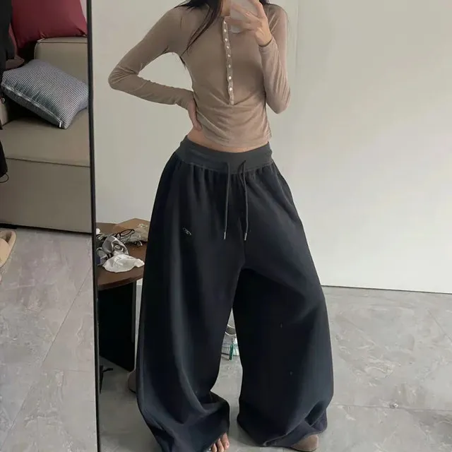 Y2K Vintage Baggy Sweatpants Women Autumn New Korean Loose Wide Leg Pants Streetwear Casual Zipper Fly Female Trousers 2025 New