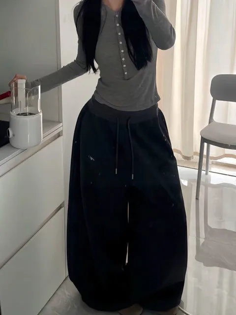 Y2K Vintage Baggy Sweatpants Women Autumn New Korean Loose Wide Leg Pants Streetwear Casual Zipper Fly Female Trousers 2025 New