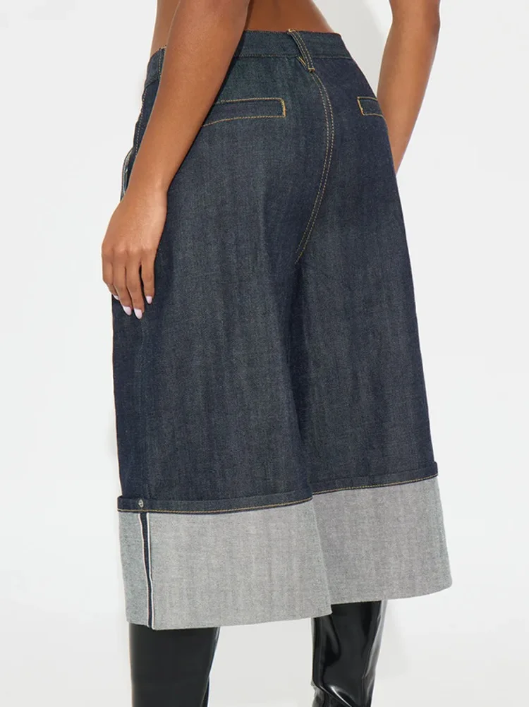 Yeezzi Women's High Waist Wide Leg Rolled Cuffs Cropped Jeans 2026 New Fashion Casual Streetwear Denim Capris Pants Bottoms