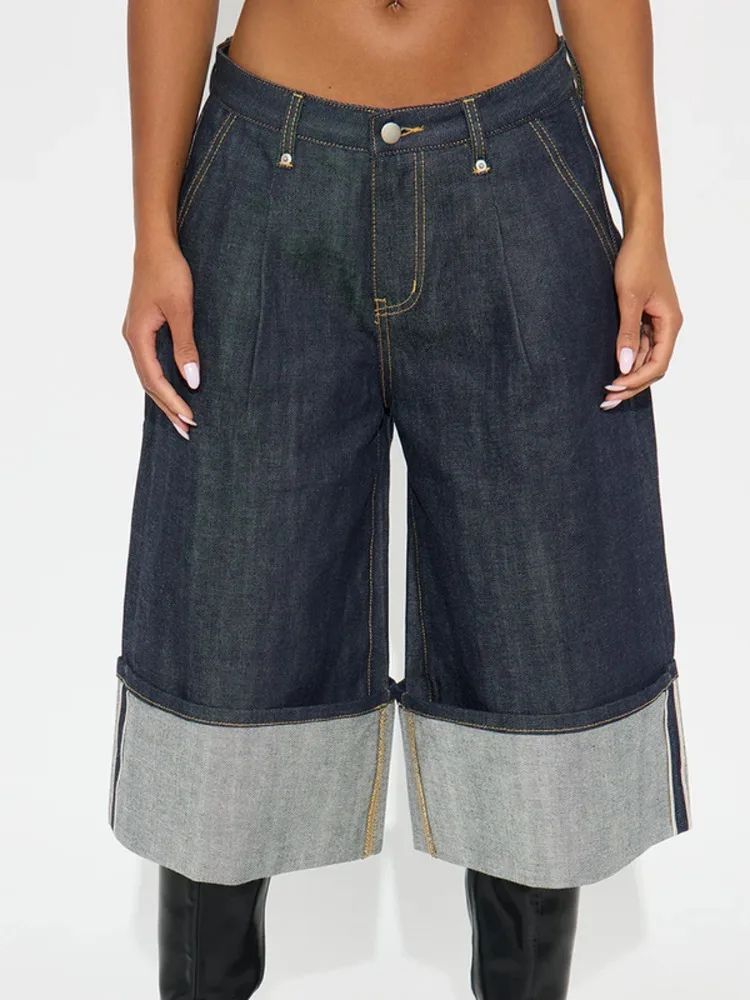 Yeezzi Women's High Waist Wide Leg Rolled Cuffs Cropped Jeans 2026 New Fashion Casual Streetwear Denim Capris Pants Bottoms