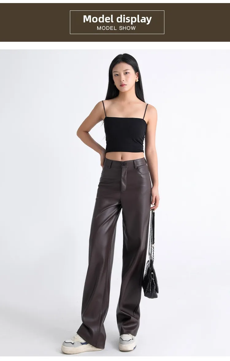 2025 Trendy Fall Winter Fleece Loose Wide Leg Warm Leather Pants Women Button Pocket High Waist Thick PU Casual Straight Pants