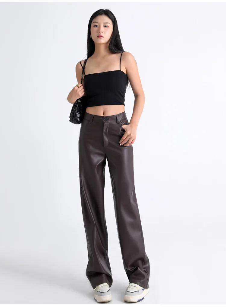 2025 Trendy Fall Winter Fleece Loose Wide Leg Warm Leather Pants Women Button Pocket High Waist Thick PU Casual Straight Pants