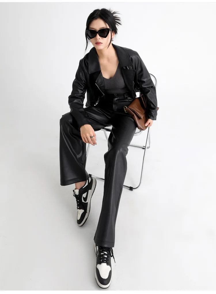 2025 Trendy Fall Winter Fleece Loose Wide Leg Warm Leather Pants Women Button Pocket High Waist Thick PU Casual Straight Pants