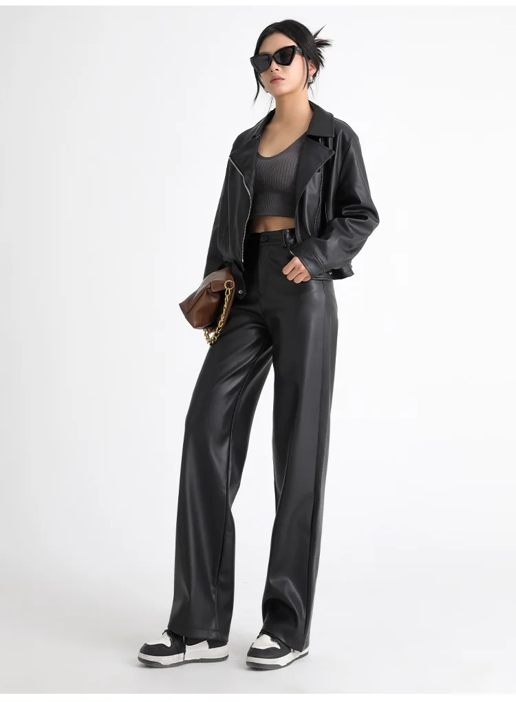 2025 Trendy Fall Winter Fleece Loose Wide Leg Warm Leather Pants Women Button Pocket High Waist Thick PU Casual Straight Pants