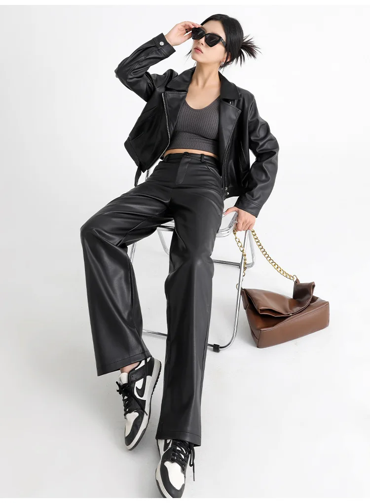 2025 Trendy Fall Winter Fleece Loose Wide Leg Warm Leather Pants Women Button Pocket High Waist Thick PU Casual Straight Pants