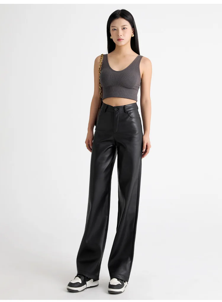 2025 Trendy Fall Winter Fleece Loose Wide Leg Warm Leather Pants Women Button Pocket High Waist Thick PU Casual Straight Pants