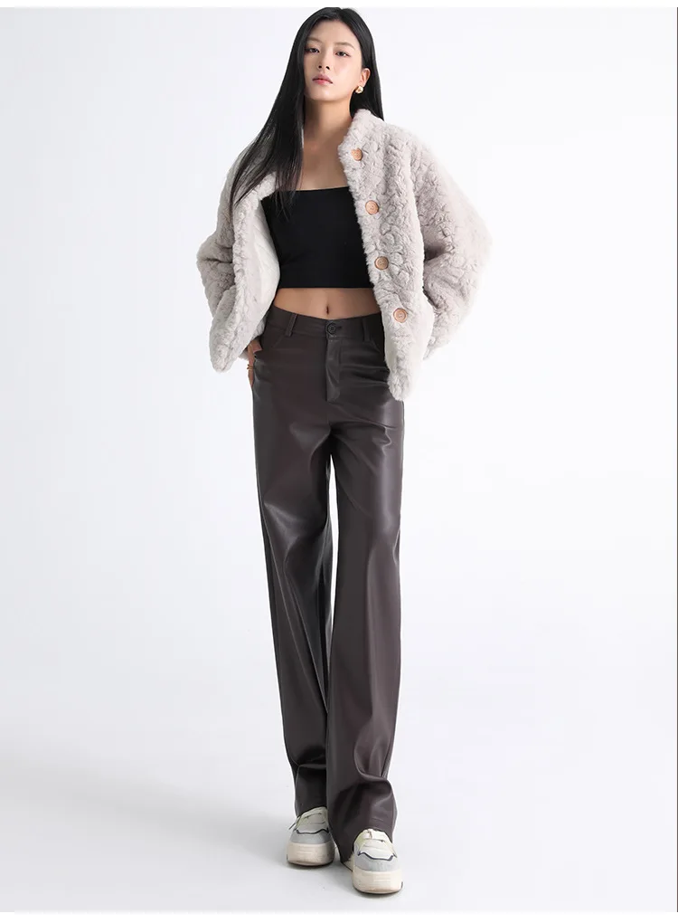 2025 Trendy Fall Winter Fleece Loose Wide Leg Warm Leather Pants Women Button Pocket High Waist Thick PU Casual Straight Pants