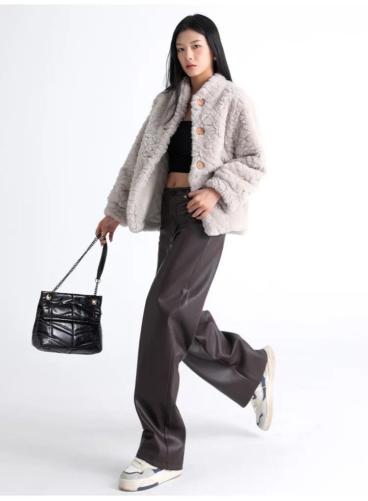 2025 Trendy Fall Winter Fleece Loose Wide Leg Warm Leather Pants Women Button Pocket High Waist Thick PU Casual Straight Pants