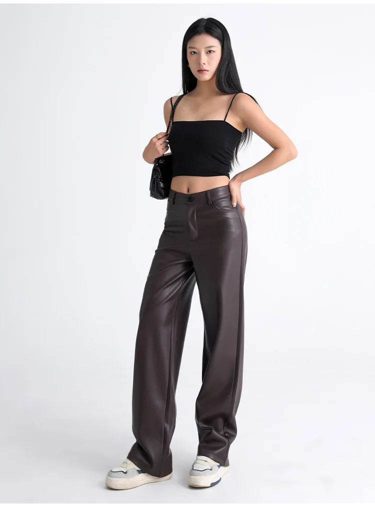 2025 Trendy Fall Winter Fleece Loose Wide Leg Warm Leather Pants Women Button Pocket High Waist Thick PU Casual Straight Pants