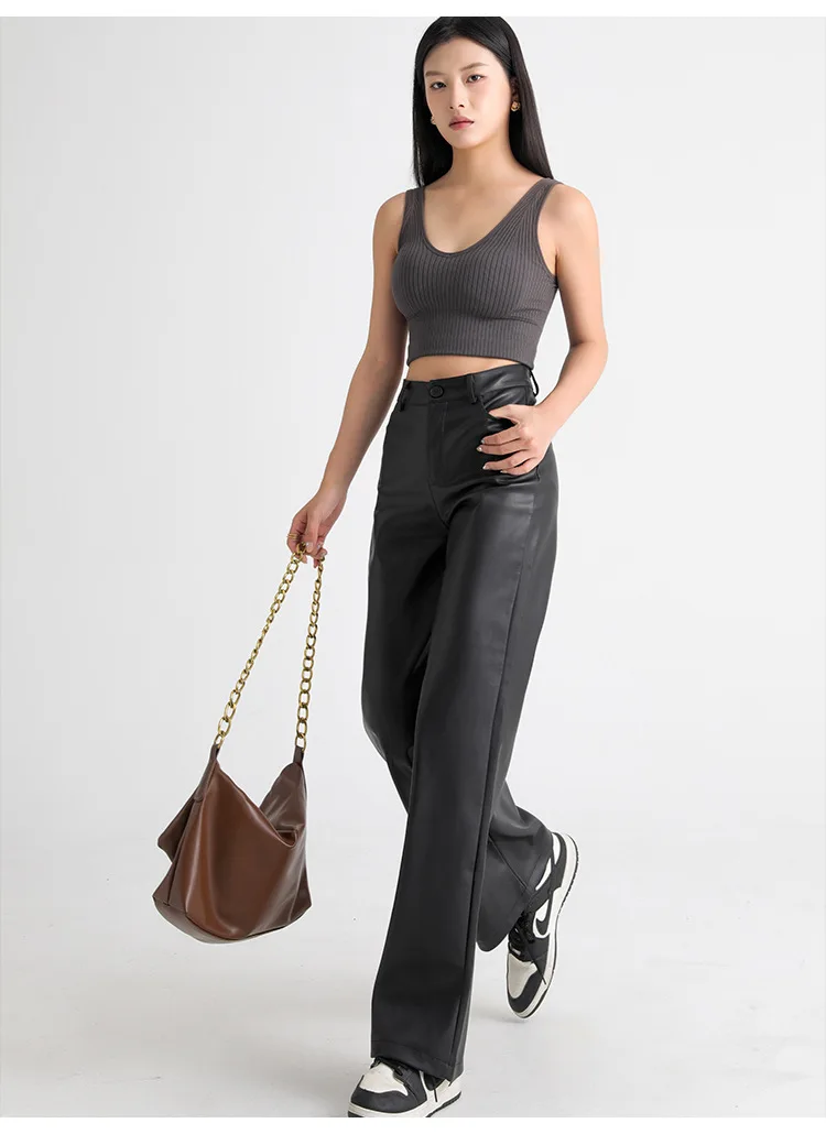 2025 Trendy Fall Winter Fleece Loose Wide Leg Warm Leather Pants Women Button Pocket High Waist Thick PU Casual Straight Pants