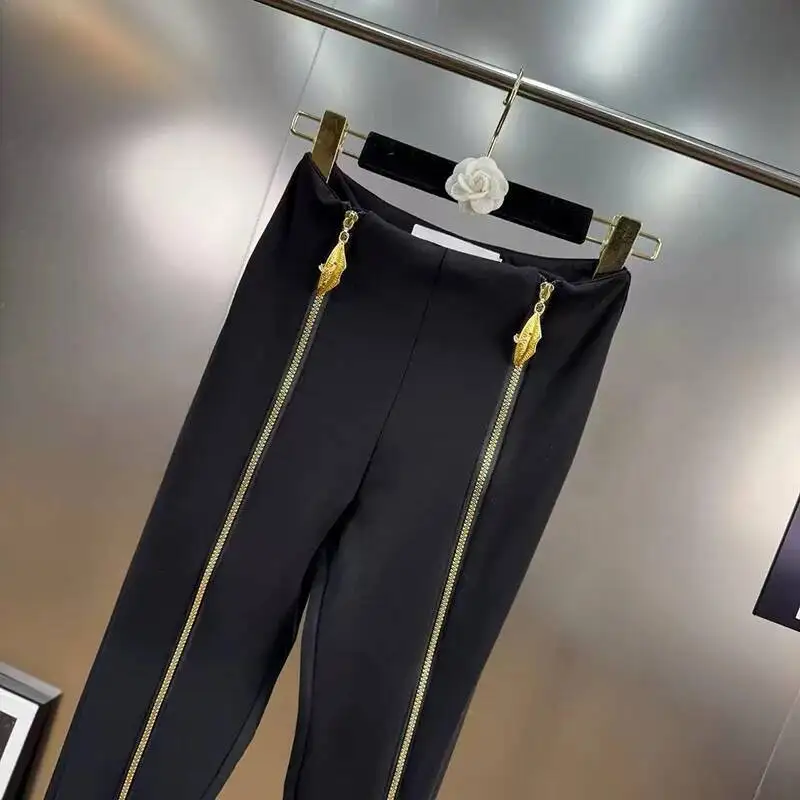 KUCLUT 2025 Autumn Winter New High Waist Slim Fit Long Zipper Design High-end Feel Leggings For Women Black Trousers 1A1434