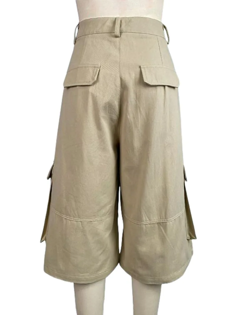 Krisstarsgirls Summer Woman Wide Leg Capris Pants with Pockets 2025 New Trendy Cotton Clothes Loose Cropped Cargo Pants Female