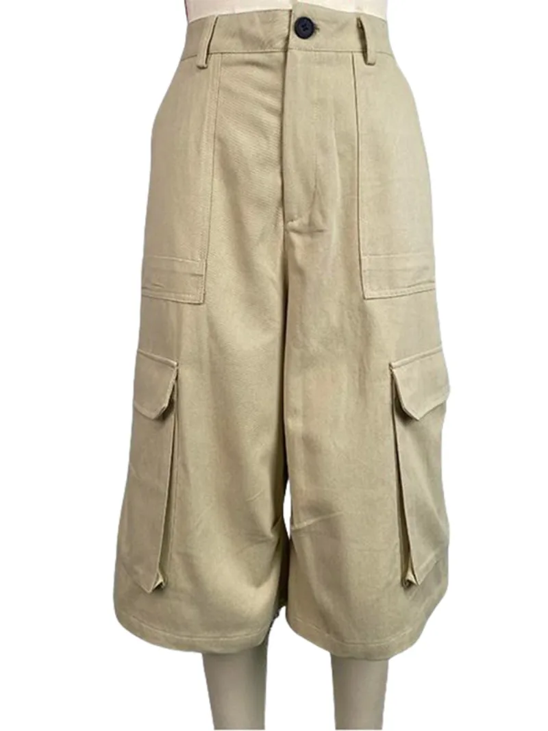 Krisstarsgirls Summer Woman Wide Leg Capris Pants with Pockets 2025 New Trendy Cotton Clothes Loose Cropped Cargo Pants Female