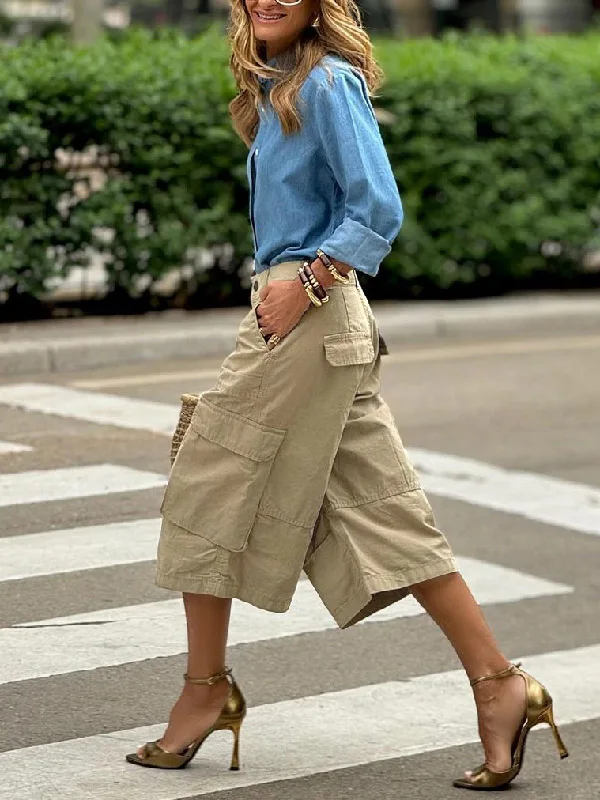 Krisstarsgirls Summer Woman Wide Leg Capris Pants with Pockets 2025 New Trendy Cotton Clothes Loose Cropped Cargo Pants Female