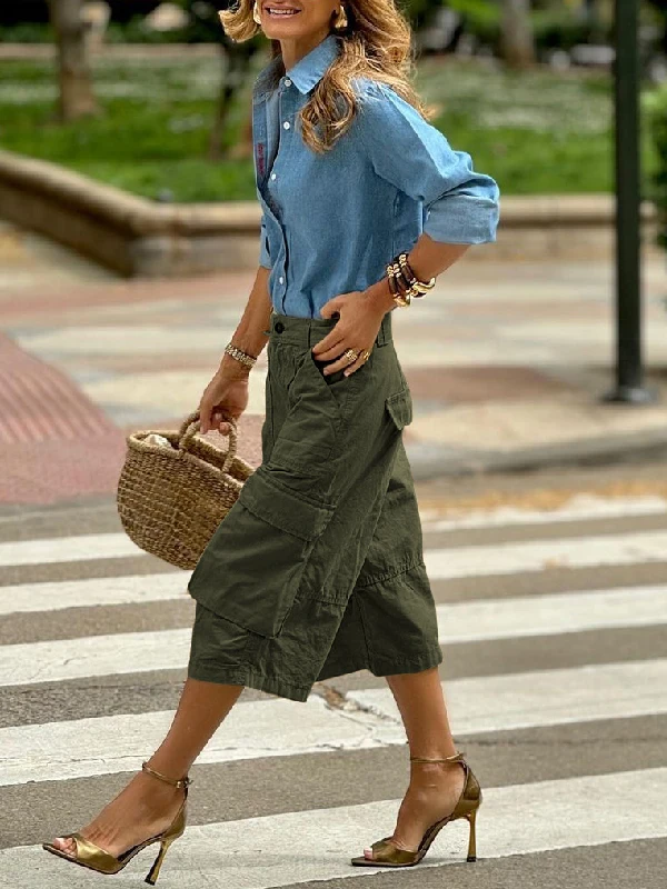 Krisstarsgirls Summer Woman Wide Leg Capris Pants with Pockets 2025 New Trendy Cotton Clothes Loose Cropped Cargo Pants Female