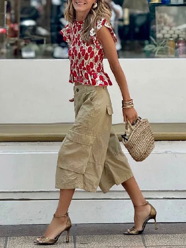 Krisstarsgirls Summer Woman Wide Leg Capris Pants with Pockets 2025 New Trendy Cotton Clothes Loose Cropped Cargo Pants Female