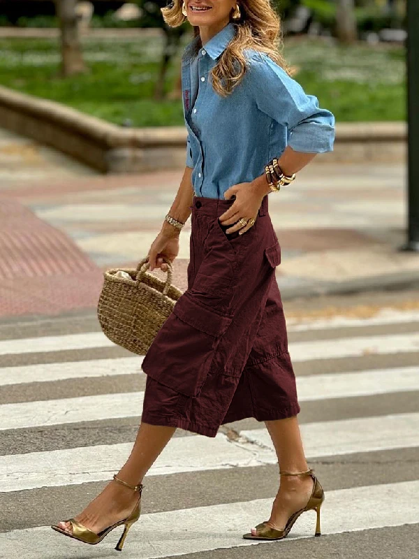 Krisstarsgirls Summer Woman Wide Leg Capris Pants with Pockets 2025 New Trendy Cotton Clothes Loose Cropped Cargo Pants Female