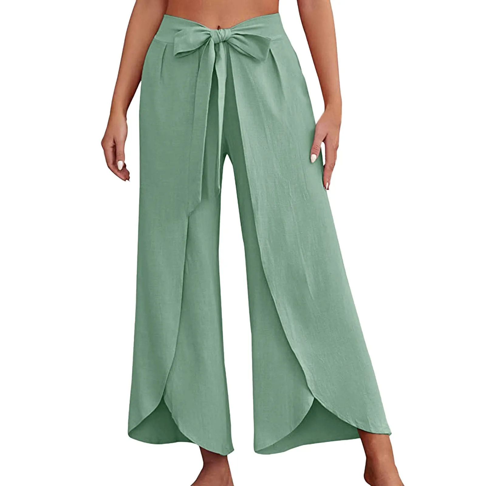Boho Women High Waisted Palazzo Pants Summer Beach Pants Solid Flowy Trousers Split Lace Up Wide Leg Pants Pantalones De Mujer