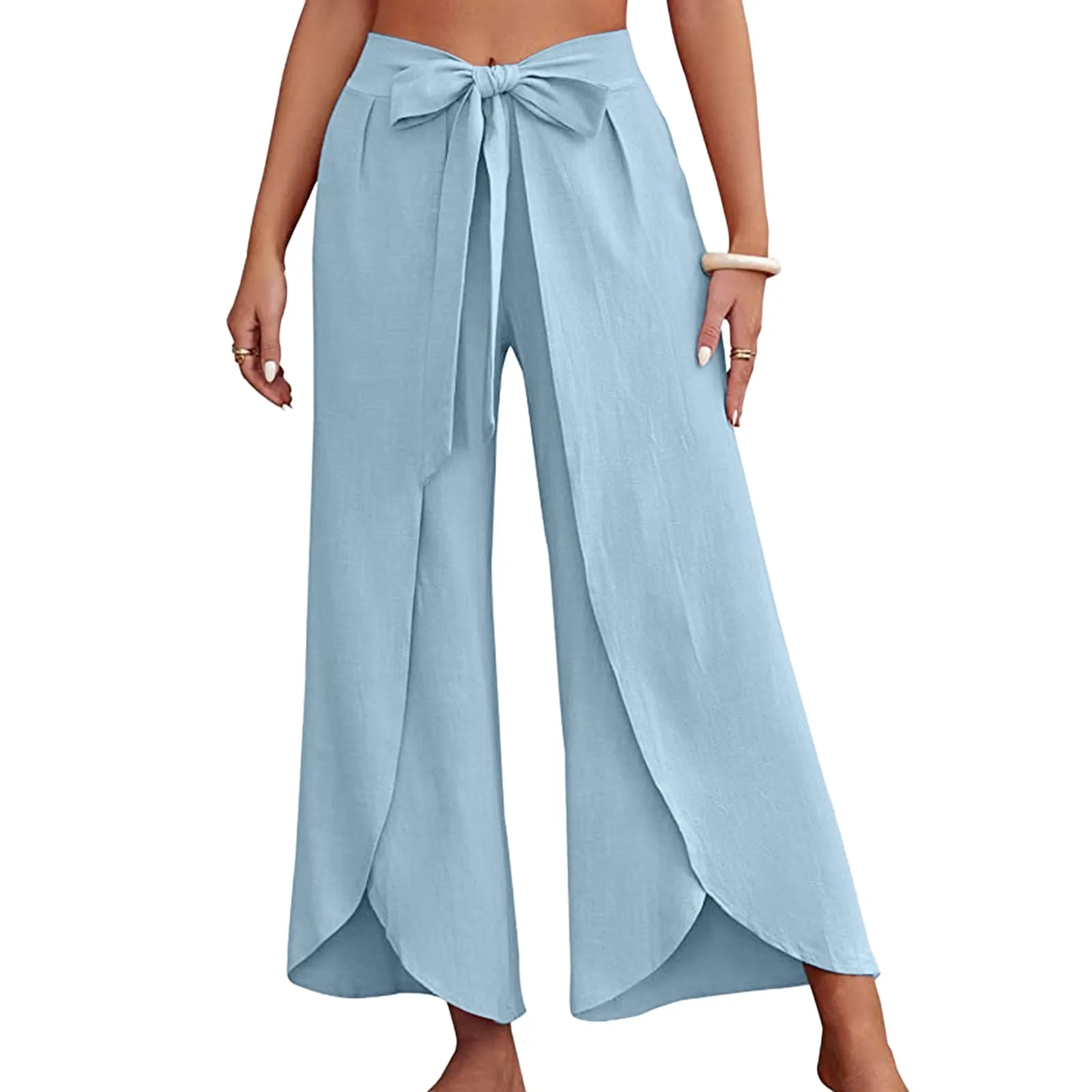 Boho Women High Waisted Palazzo Pants Summer Beach Pants Solid Flowy Trousers Split Lace Up Wide Leg Pants Pantalones De Mujer